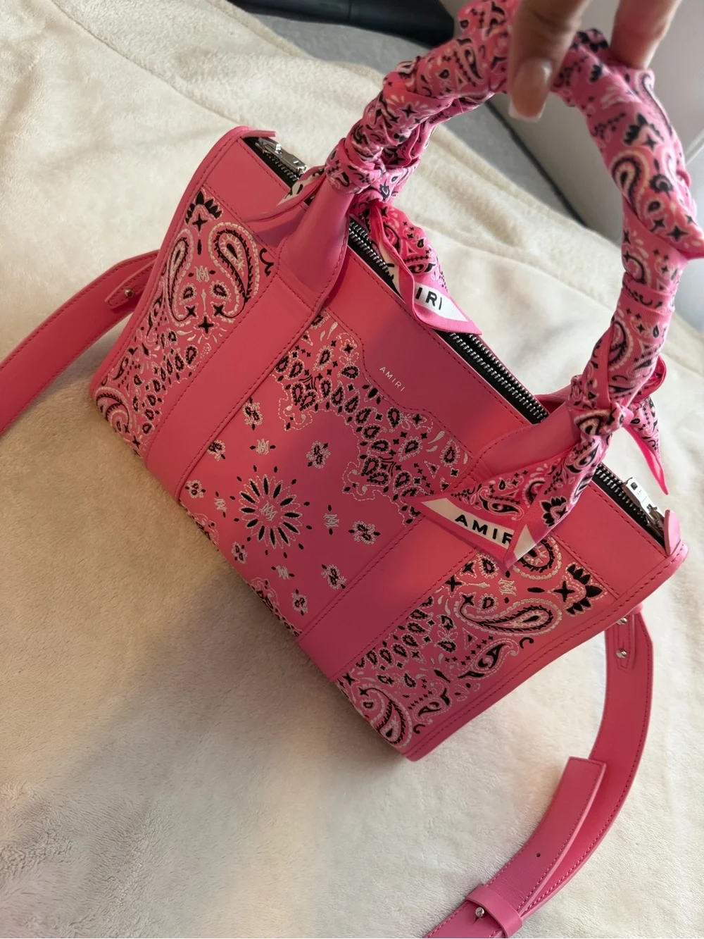 AMIRI Pink Bandana-Print Leather Satchel with Adjustable Strap